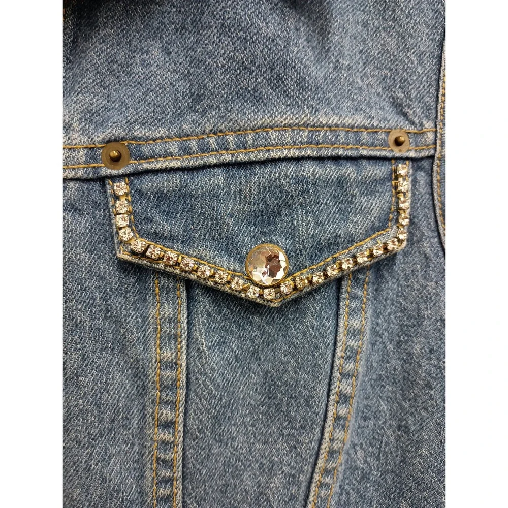 VTG‎ Y2K Limited Jeans Denim Vest Womens Medium Blue Rhinestone Trim